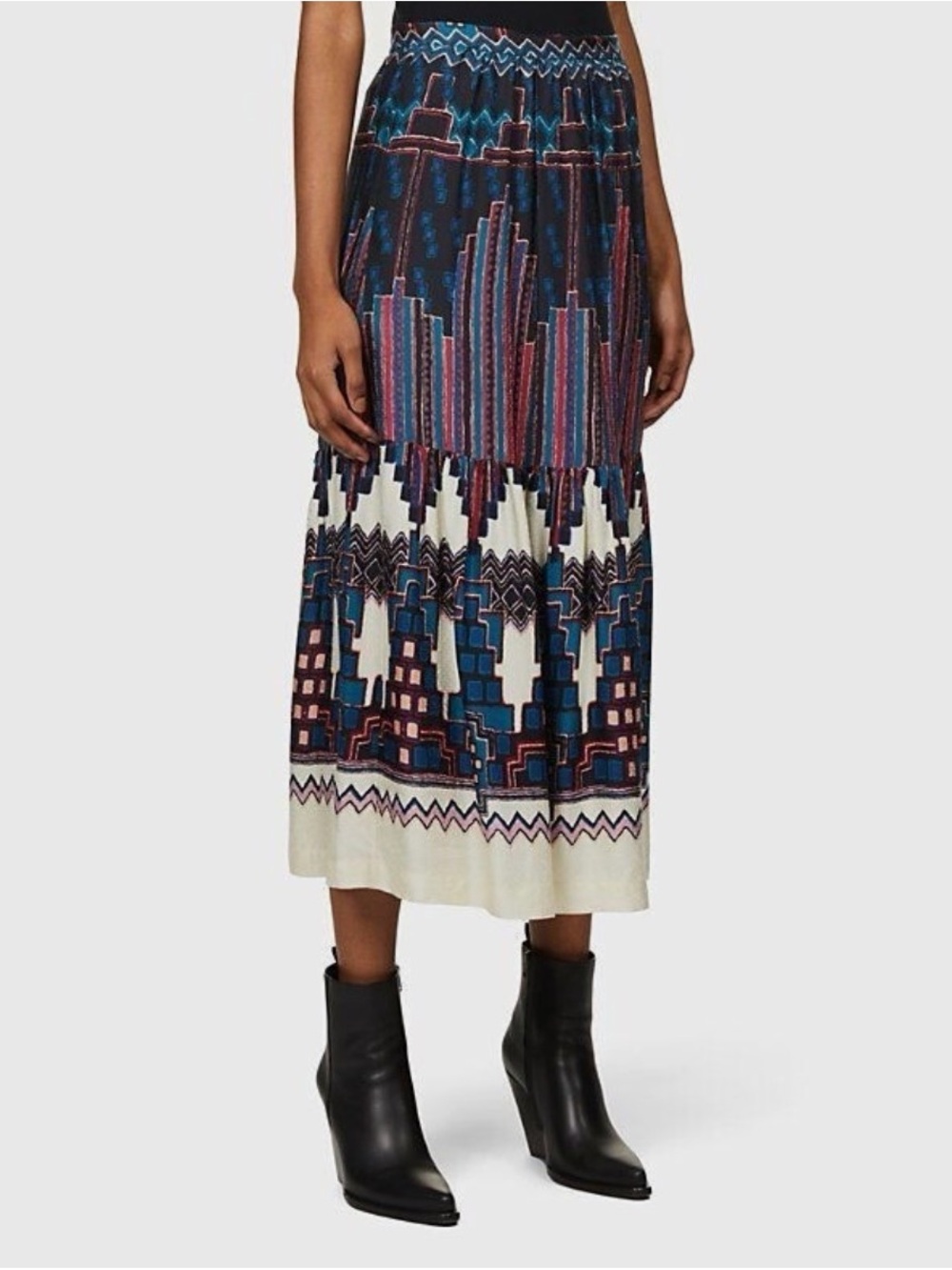 ba&sh Maris Geometric-Print Midi Skirt in Navy, Cream and Pink